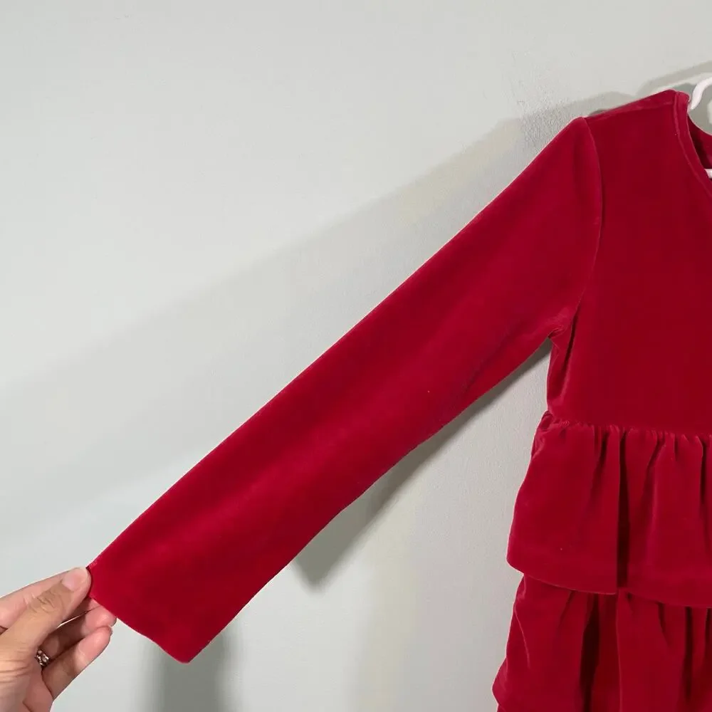 Hanna Andersson Girl's Red Velour Tiered Ruffle L/S Holiday Dress Size 120 (6-7)